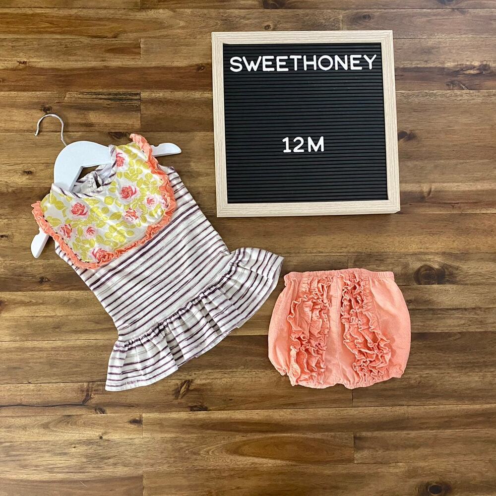SweetHoney Peach Brown Yellow Sleeveless Shorts Floral Cotton Play Set Girls 12M